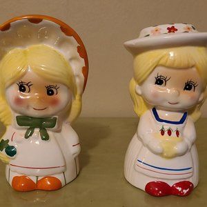 2 Vintage 70's Ceramic Big Eyes Bonnet Girl Coin Money Banks
